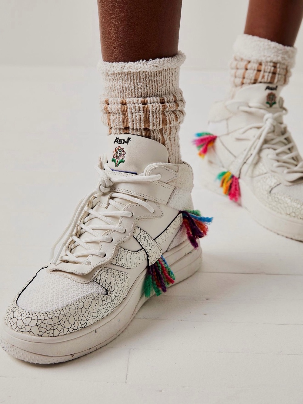Free People Parker High Top Sneakers Ivory Rainbow Tassel Size 8 NWT